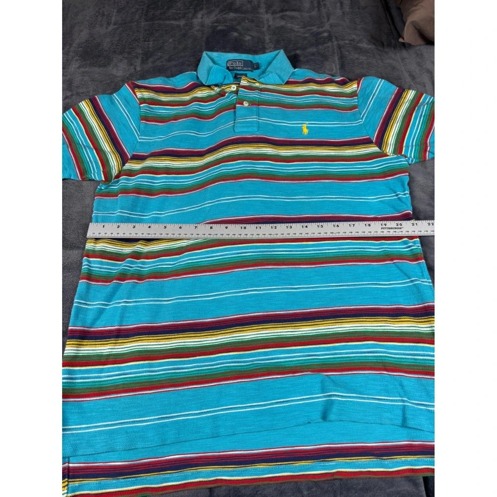 Polo Ralph Lauren Mens Large Turquoise Blue Multi Color Striped Polo Shirt L